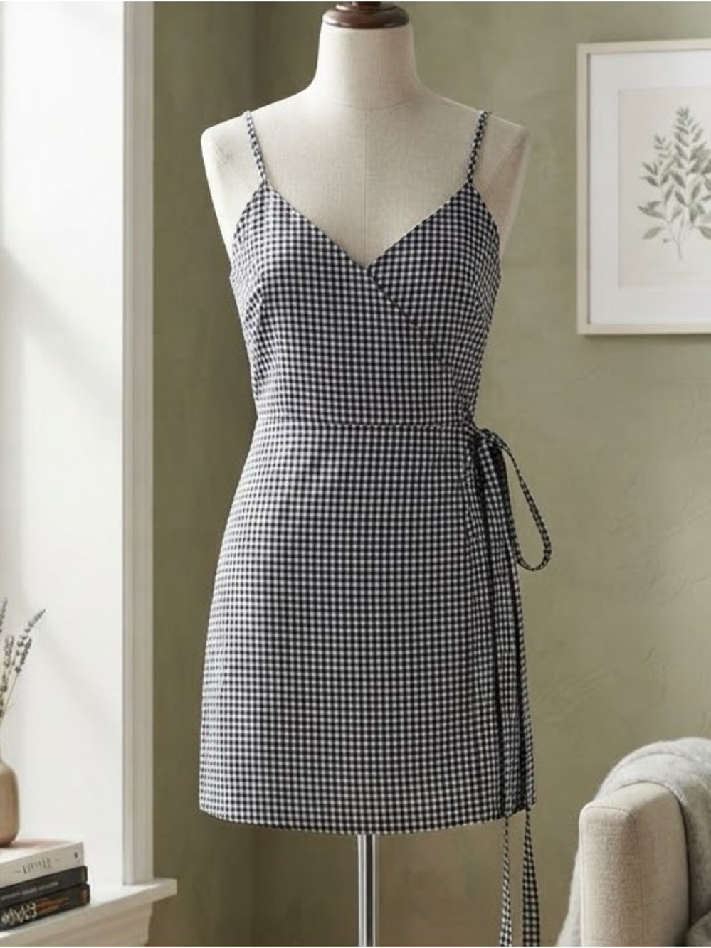 aerie Black and White Gingham Wrap Mini Dress